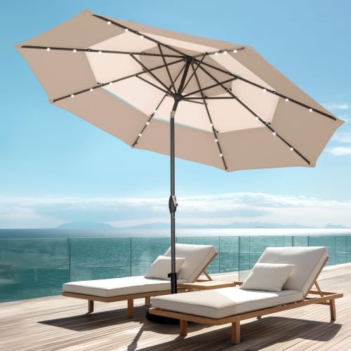 PHI VILLA 10ft 3 Tier Outdoor Patio Umbrella with Solar Lights, Beige&Tan
