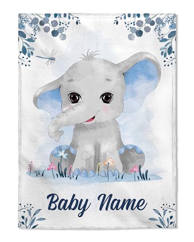 FLOCHIL Personalized Baby Blanket for Boys, Custom with Name, Elephants Theme, Gift for Newborn, Baby Shower
