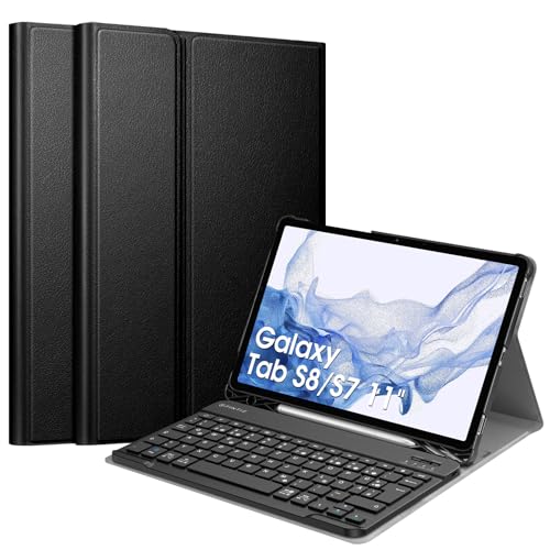 FINTIE Tastatur Hülle für Samsung Galaxy Tab S8 11 Zoll 2022 /S7 11 Zoll 2020 Tablet, Keyboard Cover mit Magnetisch Abnehmbarer Deutscher Bluetooth Tastatur, Schwarz