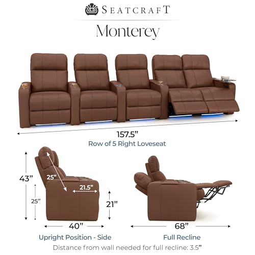 Image of Seatcraft Monterey Home Theater Seating Tobacco Row of 5 Right Loveseat | Italian Leather, Wall Hugger, Zero Gravity, Powered Headrest, Power Recline, Zero Gap, USB charging