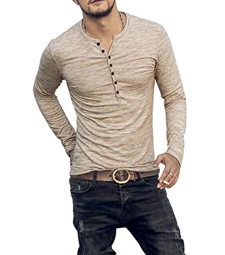 Hikunaa Mens Casual Slim Fit Basic Long Sleeve Henley T-Shirt Khaki