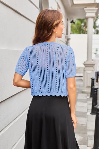Image of Kate Kasin Women Crochet Shrug Knit Sweater, Short Sleeve Cropped Cardigan | Tie Front Tops Light Weight, Knit Cover Up Arm Bolero For Evening Dresses Dressy Casual, Ladies Eyelet Shawl Thin Formal
