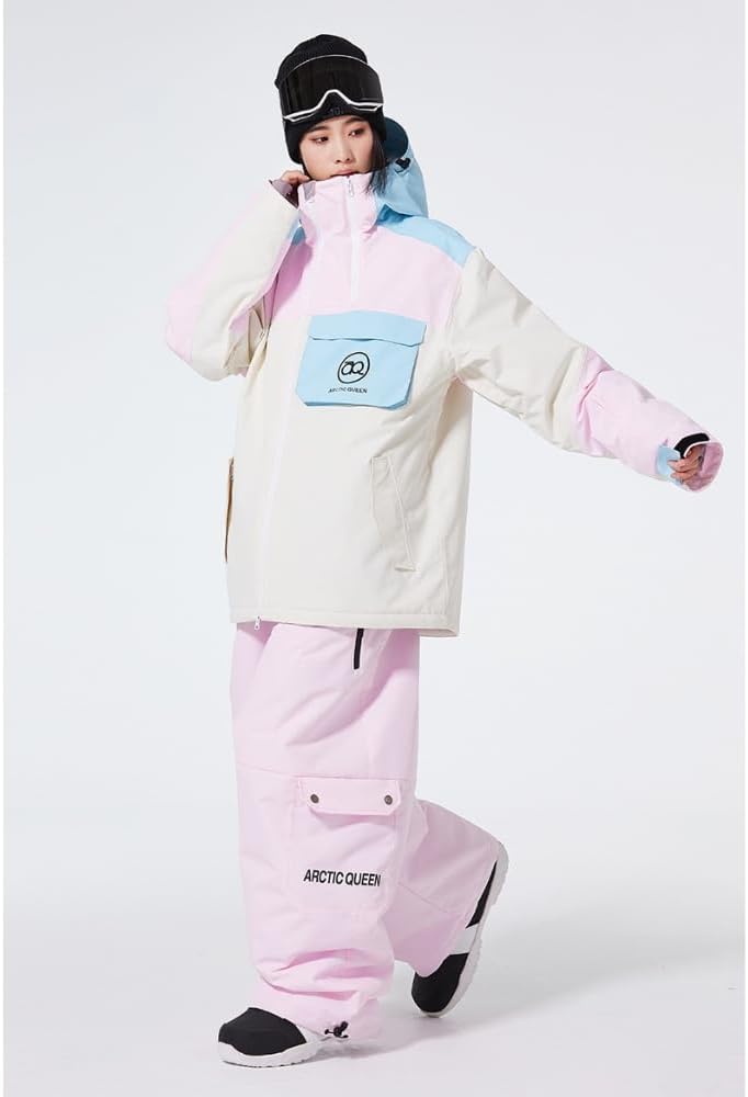 Colorblock Snowboard Suits for Men Women Hooded Double-zip Snow Jacket and Bibs 2 Pieces Set Insulated Skiing Suits