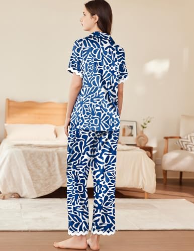 Image of Ekouaer Womens Silk Satin Pajamas Set Button Down 2 Piece Pjs Short Sleeve Long Pants Sleepwear Lounge Set, S-XXL