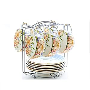 Tea Cup Set Tea Cup Set Ceramic Hand Crafted Porcelain Coffee Tea Cup Sets with 6 Saucer 6 Cups 6 Saucers 1metal Stand (I) (G)