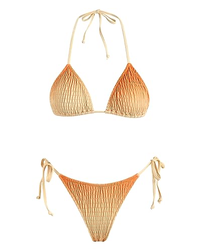 Image of Women's Triangle Bikini Set String Swimsuit Print Tie Smocked Ruched Two Piece Bathing Suit