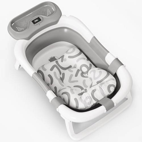 Image of Obee Odee Baby Bathtub, Collapsible Bath Tub for Newborns to Toddlers with Water Temperature Sensor and Storage Tray, 2025 Upgraded Version (Gray)
