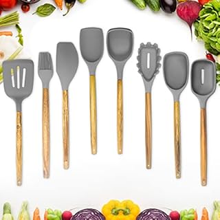 Kitchen Utensils Set Silicone Spatula Utensil Set with Wooden Handles Heat Resistant Spatulas for Cooking, Serving Spoon, Slotted Spoon, Turner, Ladle and Brush | 8 Pcs