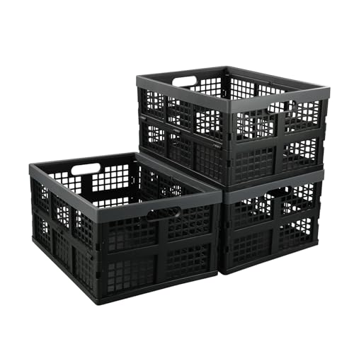 Dynko 3 Packs 32 Liters Collapsible Storage Crates, Black Folding Crate Basket