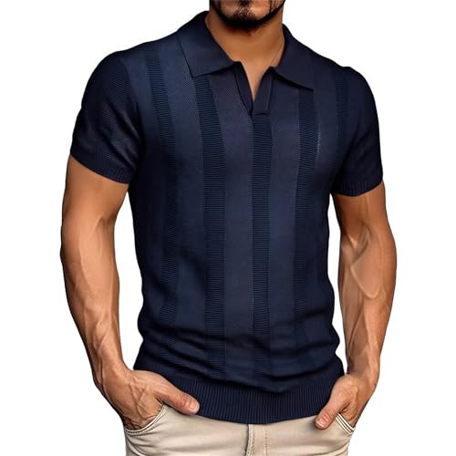 Polo homme rayé tricot côtelé col V à manches courtes ajusté