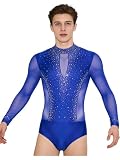 Freebily Maillot De Patinaje Artístico para Hombre Body De Baile Latino Leotardo Manga Larga Malla Transparente Ropa Deportiva Gimnasia‌ Azul M