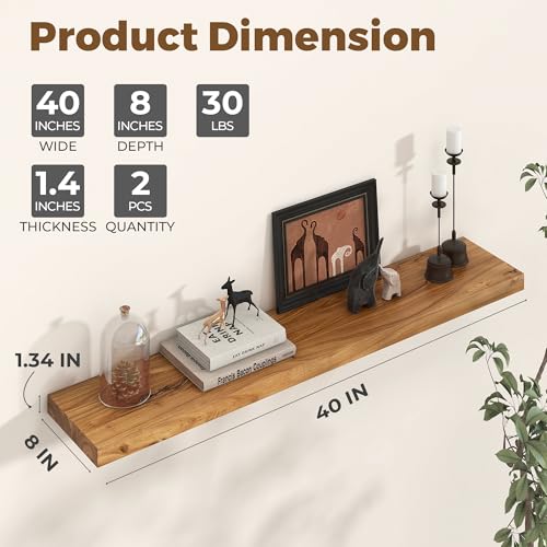 Image of Floating Shelves for Wall, 40in Reclaimed Elm Wood Shelves, Natural, 2PCs | 8in Deep Rustic Solid Elm Wood Wall Shelves for Storage, Wall Mounted, Invisible Metal Bracket