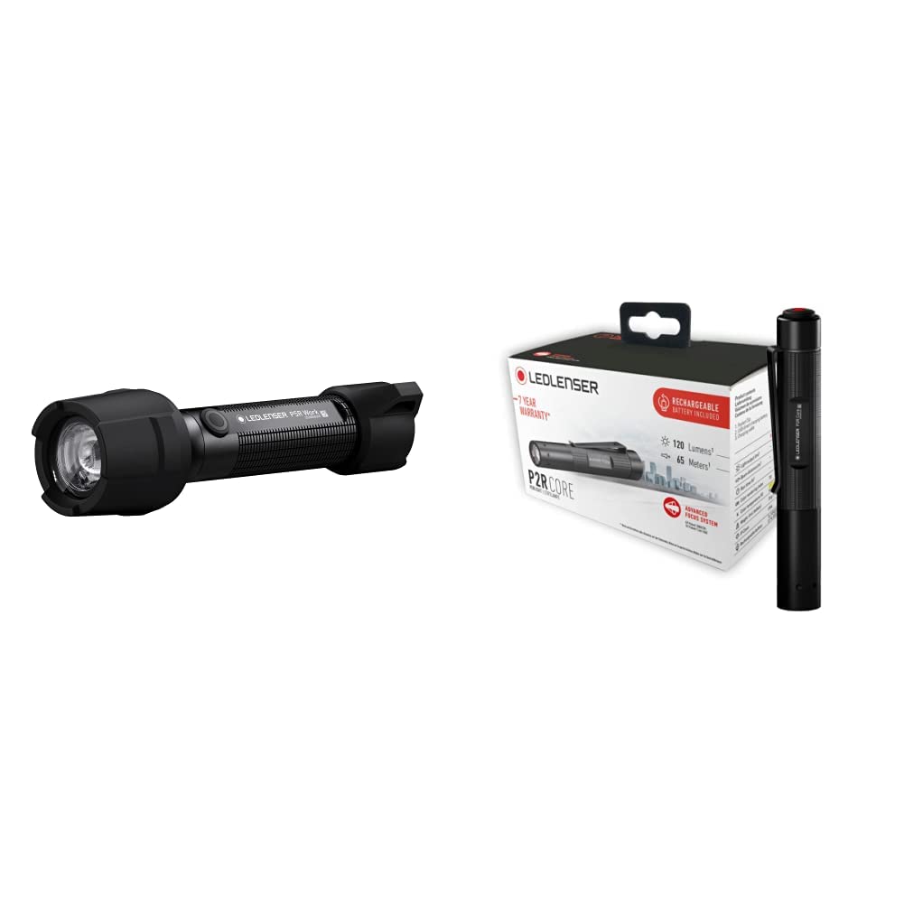 Ledlenser P5R Work Robust Taschenlampe LED & P2R Core Mini LED Stiftleuchte, 120 Lumen, aufladbar mit Lithium Akku, fokussierbar, drei Helligkeitsstufen, Leuchtweite 65m, USB Ladekabel u. Clip