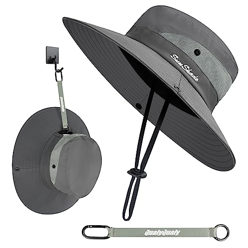 QualyQualy Women's Grey Sun Hat with Clip, Beach, Fishing, Hiking, Safari, UV Protection, Adjustable, Ponytail, One Size, Classic, Polyester/Mesh, High Sun Protection