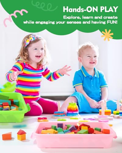 Image of Sensory Bin Sand Tray with Lid for Toddlers 2 Pcs 15in Portable Sandbox Toy Large Plastic Tray for Kids 3 4 5 6 Fill with Sand, Water, Beads, and More (Pink + Green)