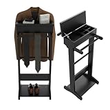 GLSCASA Wooden Valet Stand Clothes with Shoe Shelf, Coat Hanger and Hat Rack, Mens Valet Stand with Storage Organizer, Display Free Standing, Black