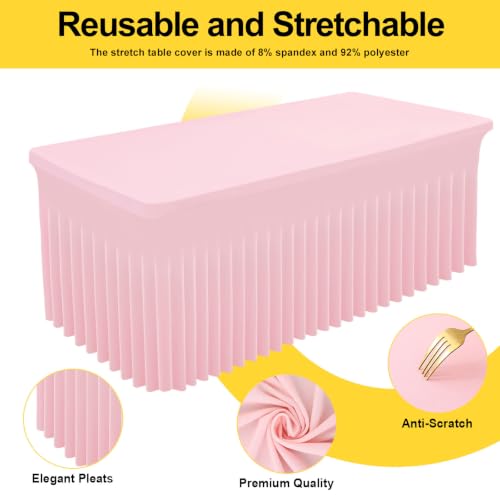 Image of Smiry Spandex Elastic Fitted Table Cloth Skirt for 4FT Rectangle Table | Stretch Washable Table Cloth, Banquet Table Cover for Wedding, Party, Indoor & Trade Shows, (Pink, 48Lx24Wx30H)