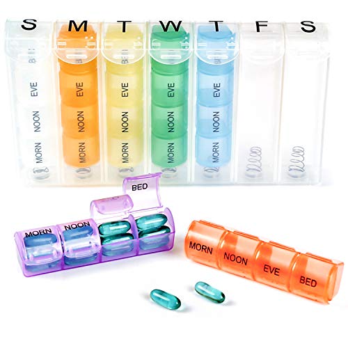 PuTwo Pill Organizer 7 Day, Weekly Pop-Up Pill Case with 28 Compartments,Portable Medicine Organizer 4 Times a Day-Multicolor