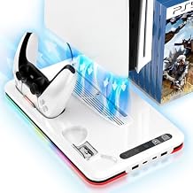 PS5 Cooling Station Fan for PS5 Pro/Digital Edition PlayStation 5 Console Controller Charger PS 5 Fan Cooling Fan with Dual PS 5 Controller Charger Stand 8 Kinds LED & 3 Level Fans Gifts for Gamer