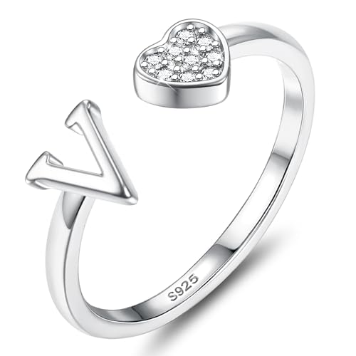 JeweBella Anillos Mujer Plata de Ley 925 con Iniciales A-Z Anillo de Corazón Ajustable Personalizado Anillos de Compromiso Alianzas Boda Anillo de Promesa Anillo Mujer Niña con Caja de Regalo