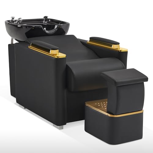 BarberPub Backwash Shampoo Station Chair with Porcelain Ceramic Hair Wash Bowl, Vacuum Breaker, Professional Black&Gold Shampoo Chair for Salon and Spa 8613 (Black)