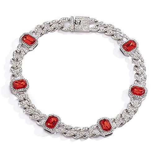 Ingemark CZ Rhinestone Iced Out Link Chain Choker for Women Girls Gorgeous Oval Birthstone Gem Choker Necklace (Red)