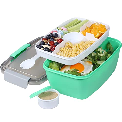 Greentainer To Go - Contenitore pranzo con insalatiera 1927 ml, vassoi a 5 scomparti e contenitore per condimenti, impilabile, a prova di perdite, senza BPA, adatto al microonde e alla lavastoviglie