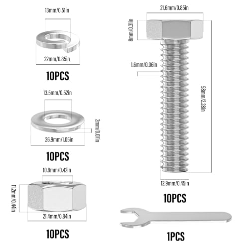 Image of 10PCS 1 /2-13 x 2 304 Stainless Steel External Hex Bolt, Fully Threaded Bolt with Nut Flat & Lock Washers and Spanner