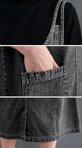 Image of ebossy Women's Sleeveless V Neck Denim Overall Jumper Dress Casual Loose Double Spaghetti Straps Midi Jean Dress