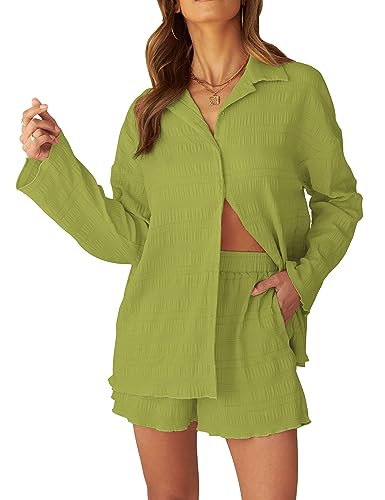 MEROKEETY Womens 2024 Casual Long Sleeve Lapel Blouse and Shorts Set Pleated Textured Loungewear,Limegreen,XL