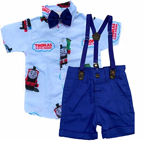 Thomas e Seus Amigos Kit Roupa Conjunto Infantil Menino 4 Peças Camisa Gravata Bermuda e Suspensório