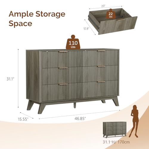 Image of VINGLI Fluted Grey Dresser 6 Drawer Gray Dresser with Rounded Edges, Grey Dressers for Bedroom, 46.8 inch W*15.5 inch D*31 inch H