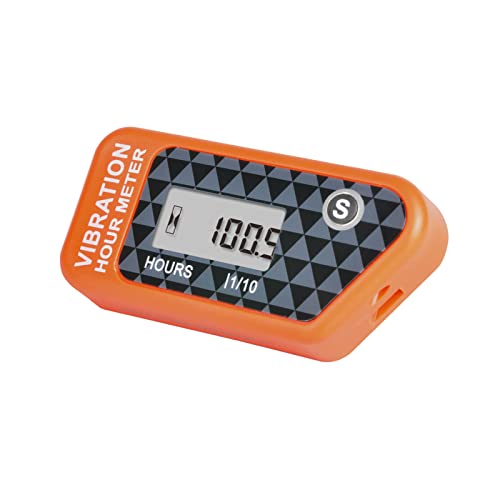 Yooreal Compteur horaire sans fil alimenté par batterie, jauge de détection de vibration pour tracteur de pelouse, chariot de golf, tronçonneuse, déchiqueteuse à bois, fendeuse de bûches (Orange)