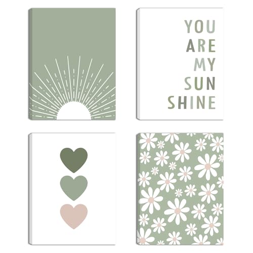 Image of Boho Wall Art Set of 4 Sage Green Nursery Wall Decor You Are My Sunshine Canvas Painting Prints Daisy Flower Cute Heart Pattern Posters Baby Room Pictures for Bedroom Kid Girls Room 12x16 In Framed