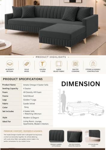 Image of AMATA Falcon 4 Seater L Shape Suede Velvet Fabric Grey Colour Sofa Set with Two Cushions Perfect for Home Office Guests Living Room (Falcon Grey, Falcon 4 Seater l Shape)(3 Year Warranty)