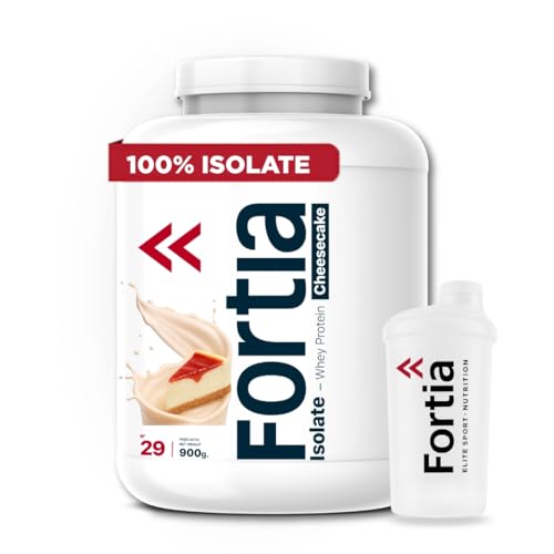 FORTIA Whey Protein Isolate 100% 39g/dosis + Shaker – Proteina Isolada de Suero Premium Hecha en España | Proteína Alta en BCAA, Leucina y Glutamina | Mejora Masa Muscular | Tarta de queso 900