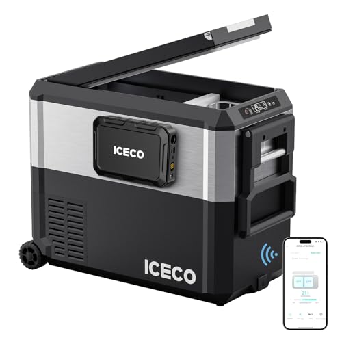 Image of ICECO JP50 ProD Dual Zone Fridge Freezer, 51 Qt Portable Refrigerator Powered by SECOP with Magnetic Battery, 12V Car Fridge with AC/DC, -4℉～68℉, Wheeled Electric Cooler for Camping, Travel