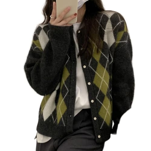 Trendy Fall Sweater for Women 2025 Grunge Argyle Plaid Preppy Y2K E-Girl Cardigan Chunky Knit...