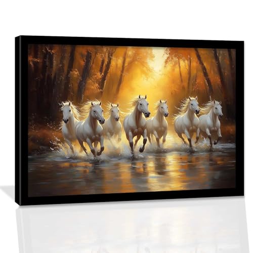 Image of HOTHOUSE Seven Running Vastu Lucky Horse | 7 Horses Vastu Frame Wall Art Painting for Living Room Bedroom Office Home Decor Rising Sun Painting Wall Decor Size (10X13 inch)