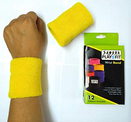 Image of Play2Fit 4 Wristband (2 Pair) Soft Sweatband for All Sport, Stretchable, Sweat Absorbent Supports Wrist Made in India (Yellow, 3 Inch)
