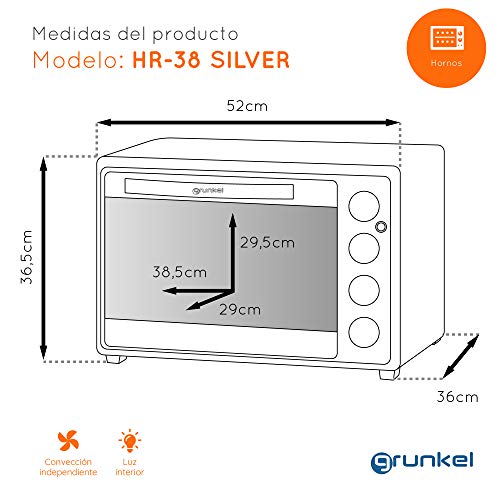 Grunkel - Multifunctionele elektrische tafeloven van 38 liter - HR-38 SILVER - Met 3 warmtefuncties en een temperatuurkeuzeschakelaar tot 230ºC. Timer tot 60 min - 2000W - Zilver - Image 7