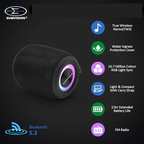 Sumvision Monic Wave Portable Bluetooth Speaker True Wireless Stereo Speakers 3D Sound Enhance RGB 21Hr 1800mAh Long Life Battery Bluetooth 5.4 USB C Fast Charge Drop Protect UK Design UK Tech Support - Image 3