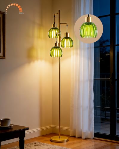 Image of Lightdot 65'' Green Glass Floor Lamp Dimmable Gold Floor Lamps with Lotus Glass Shade& 3000K Bulbs Included 3-Lights Modern Tall Standing Lamp with 5Lbs Heavy Base for Living Room /Bedroom /Sofa Beside