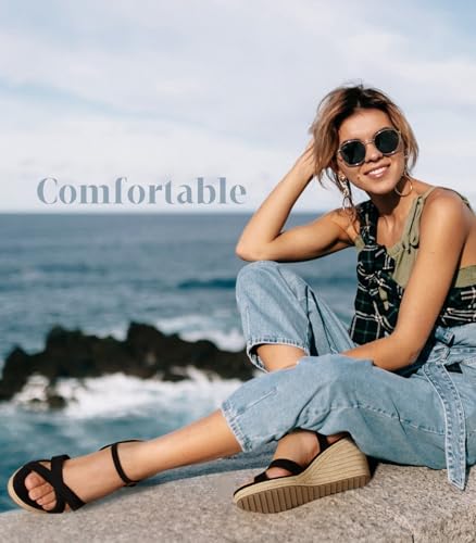 Image of Ankis Wedge Sandals for Women, Espadrille Womens Wedge Sandals Comfortable Open Toe Cross Band Ankle Strap High Heel Wedges for Women Dressy Summer -3.4Inch
