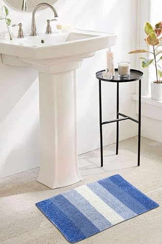Image of THE HOME TALK Cotton Stripes Bathmats | Water Absorbent Runners | Floor Mats /Rugs for Kitchen, Bathroom | Ultra Soft Mats | Non-Slip | Pack of 2 | 40 x 60 cm | Blue