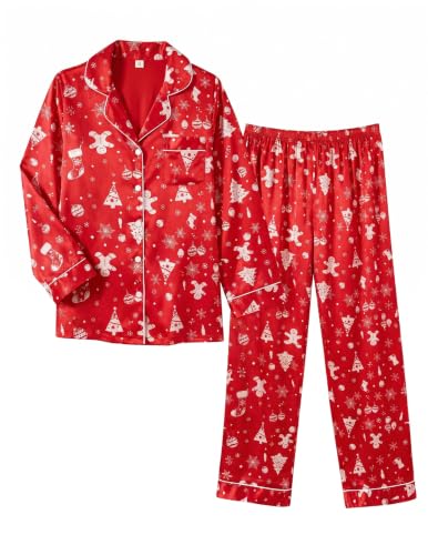 Image of Ekouaer Women Satin Pajamas Set Classic Button Down Long Pjs Set