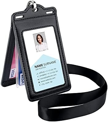 Badge Holder with 2 Lanyard Leather Easily Holds 1 to 6 Cards, Trifold Heavy Duty ID Card Holder, for Nurse Teacher School Medical Law Enforcement
