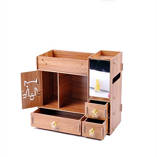 ANDER Makeup Organizer Wooden Dresser Organizer, Lipstick Organizers and Storage with Mirror, Makeup Storage Drawers Built-in Mirror Ring Earring Necklace Organizer Storage Case(Wooden Grain)