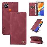 Beajew Funda para Xiaomi Redmi 9C, Flip Funda de Piel con Magnético Funda de Cuero PU [Soporte Plegable] [Cierre magnético] - Carmesí