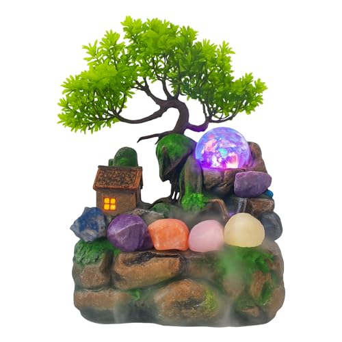 Indoor Waterfall Fountain with LED Lights and Crystals - Tabletop Water Feature for Home Decor + Free 10 Crystals